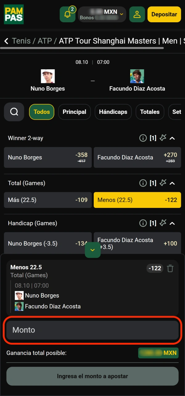 Define cuánto dinero vas a destinar a esta apuesta en Pampas.
