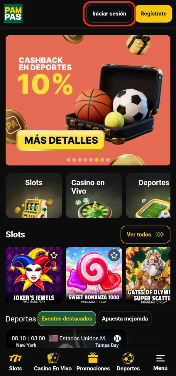 Haz clic en el botón correspondiente para tu inicio de sesión Pampas.