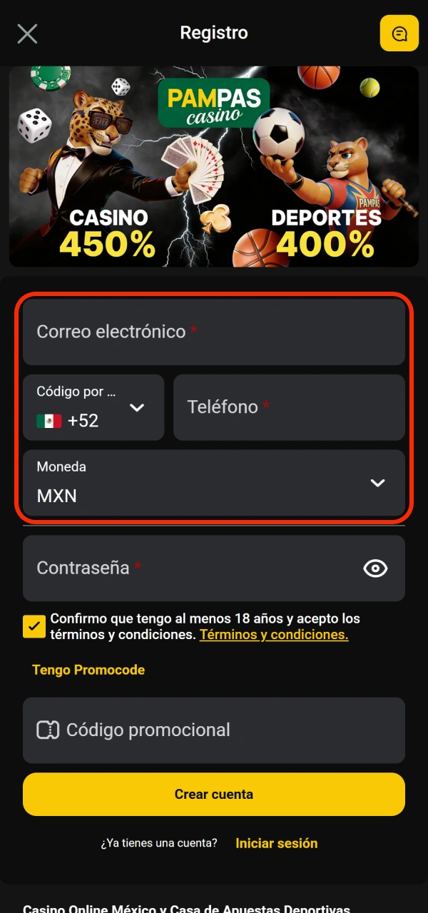 Añade tu información real requerida durante este registro de Pampas.