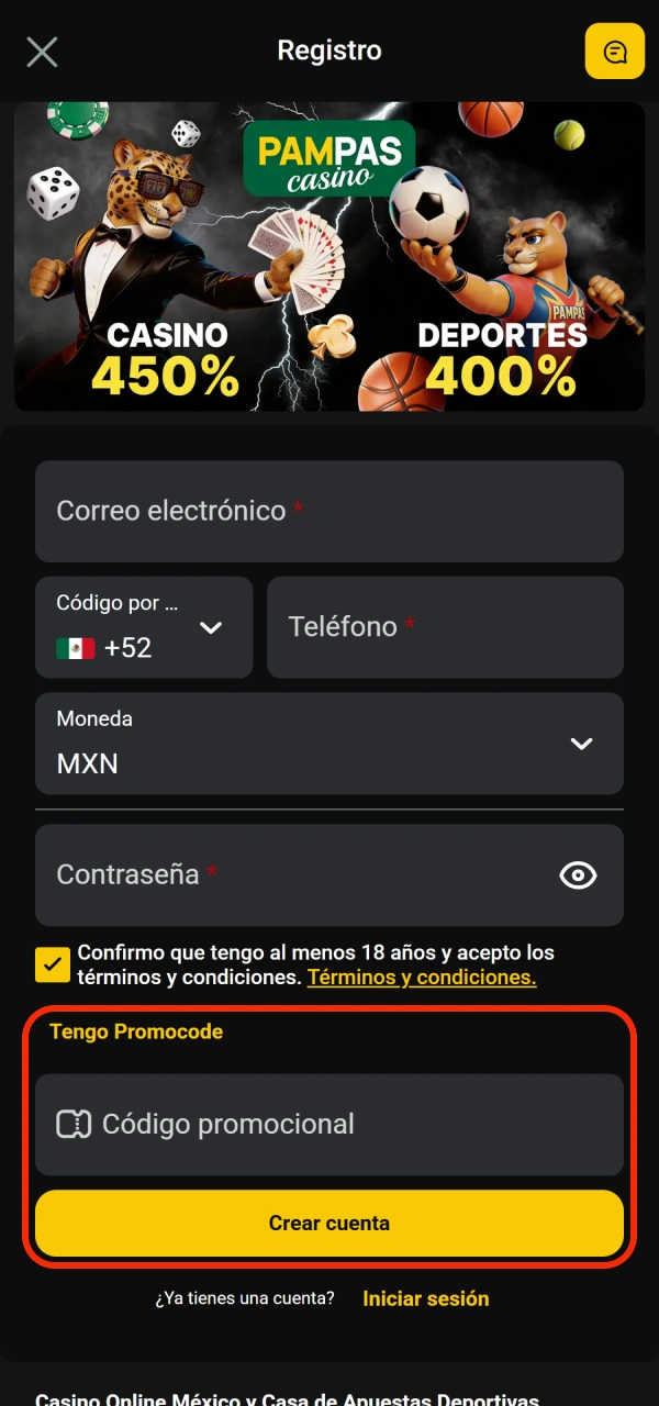 Activa una recompensa para nuevos usuarios al finalizar tu registro Pampas.